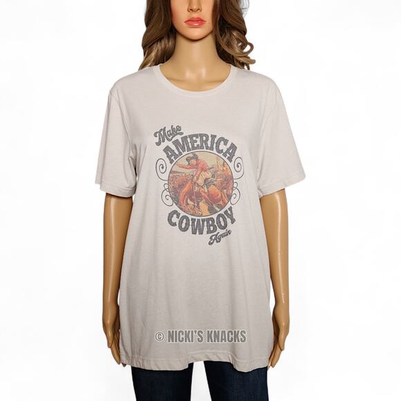 Make America Cowboy Again Oversized Graphic T-Shirt Western Rodeo Tee Size L - Picture 2 of 8